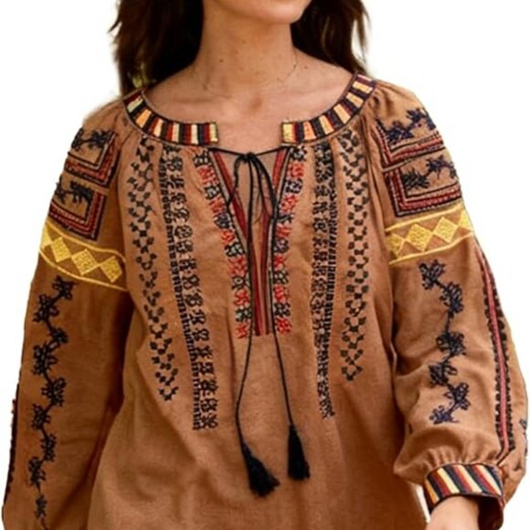 Embroidered Brown Boho Peasant Blouse - Picture 5 of 6